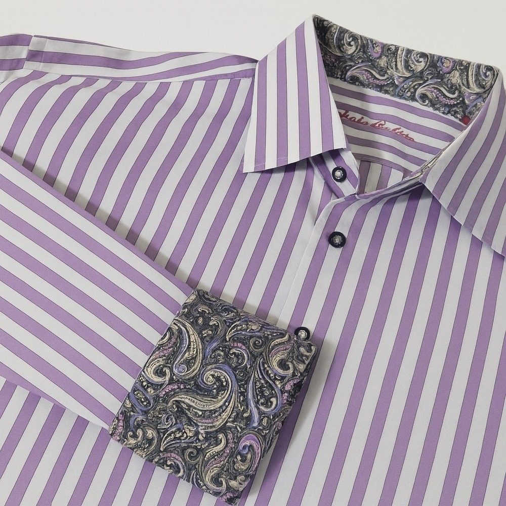 Robert Graham Striped M Flip Cuff 16.5 42 Button Dress Club Shirt Purple EUC
